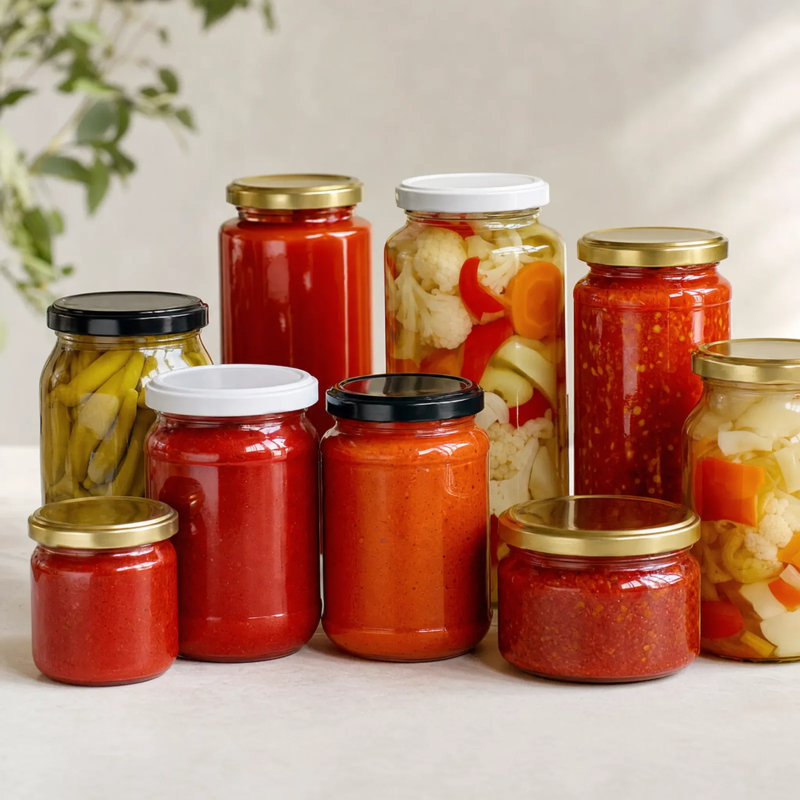 Glass jars of tomato paste, pickled vegetables and preserves