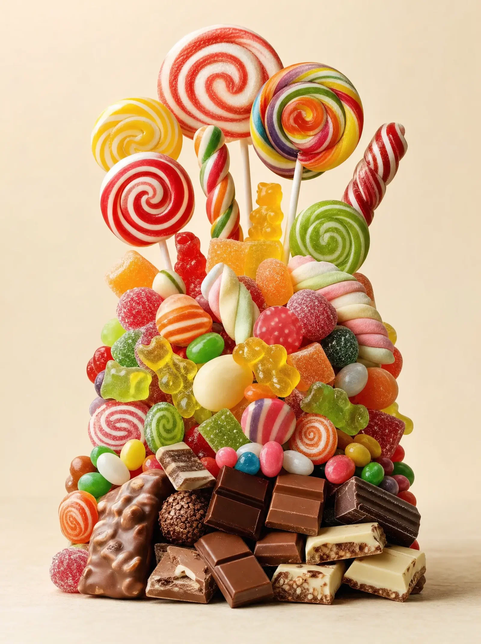 Tall arrangement of lollipops, gummy sweets, hard candies and chocolate squares on a cream backdrop