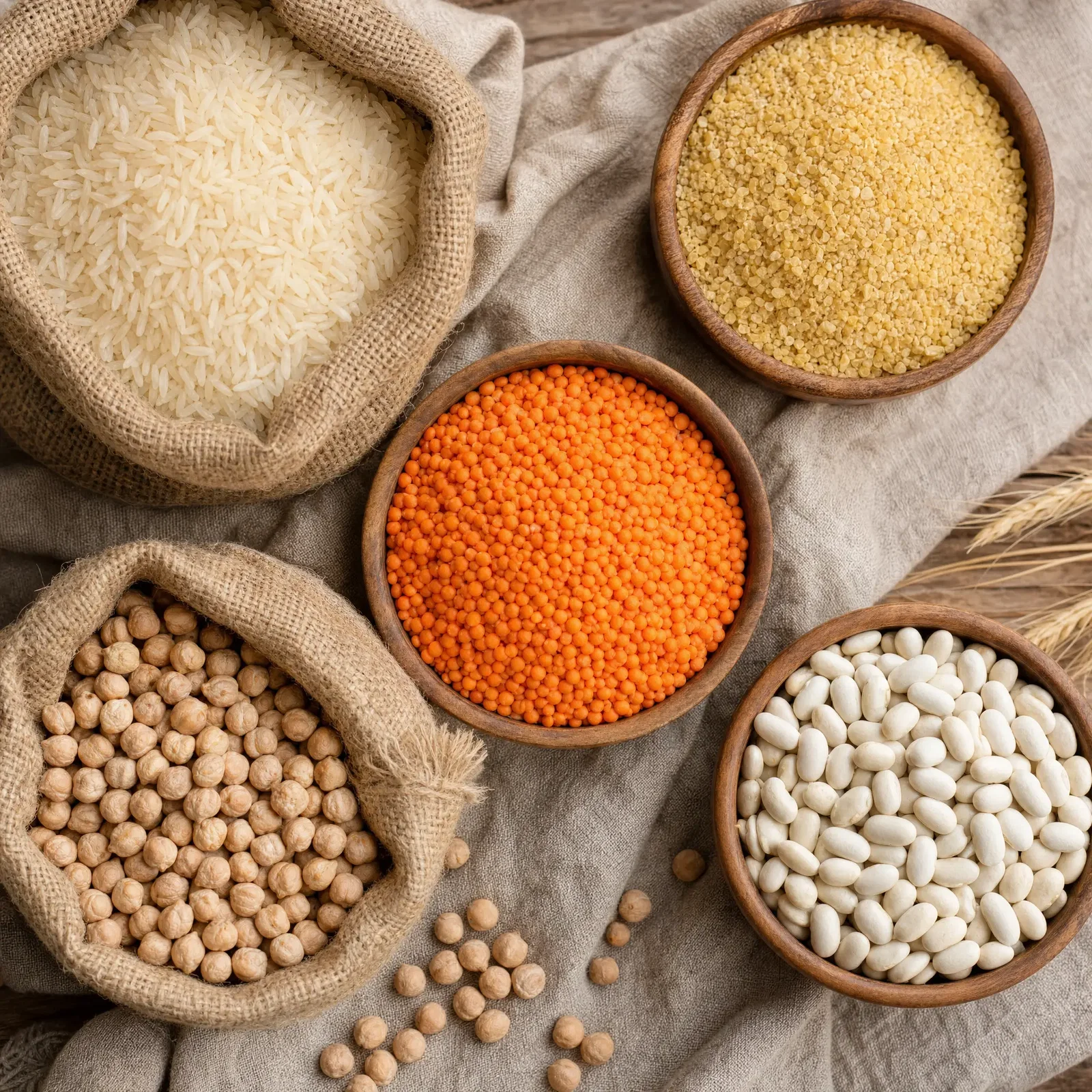 Burlap sacks and bowls of rice, bulgur, red lentils, chickpeas and white beans