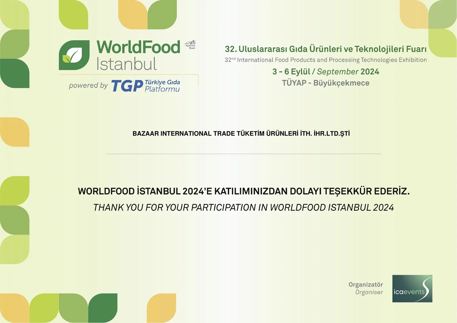 WorldFood Istanbul 2024 — Participation certificate · TÜYAP, İstanbul