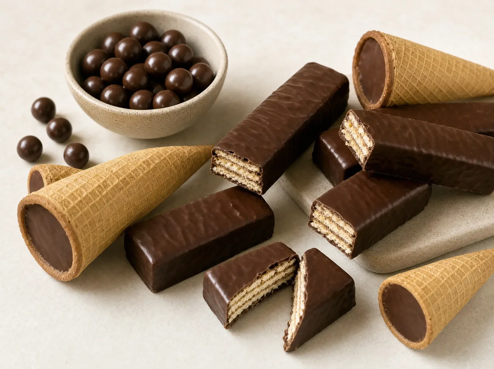 Chocolate coated wafer bars, wafer cornets and chocolate dragees