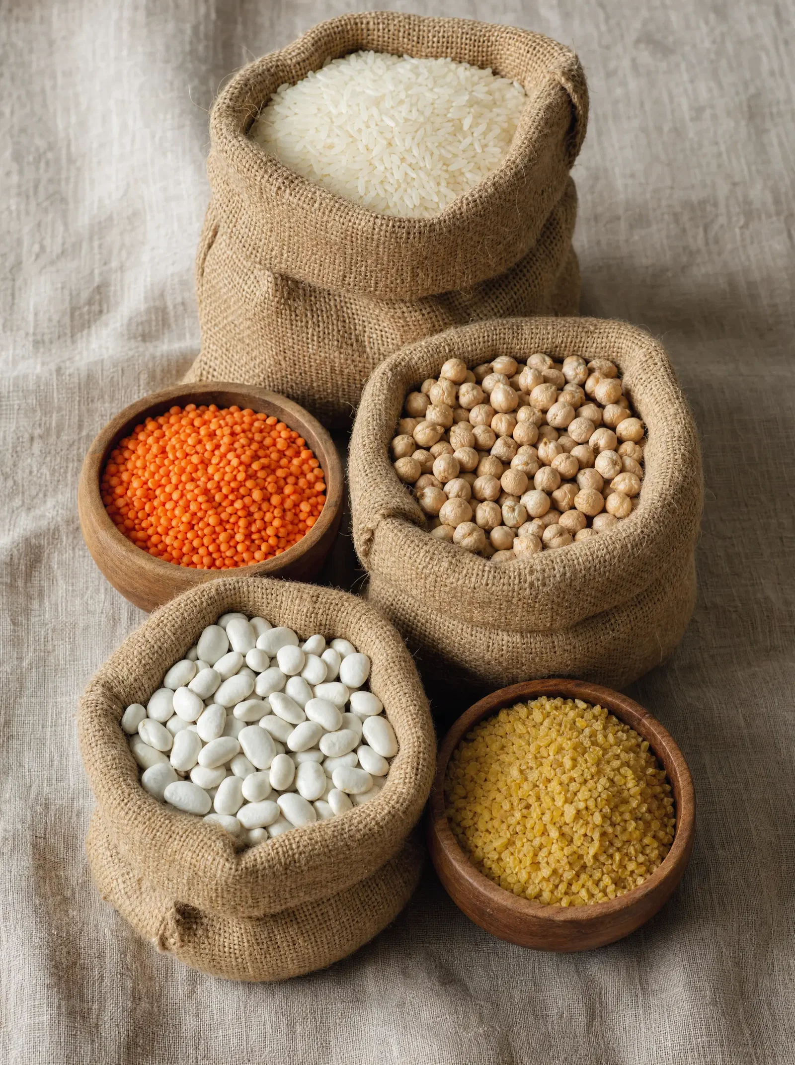 Open burlap sacks and wooden bowls of long grain rice, red lentils, chickpeas, white beans and bulgur
