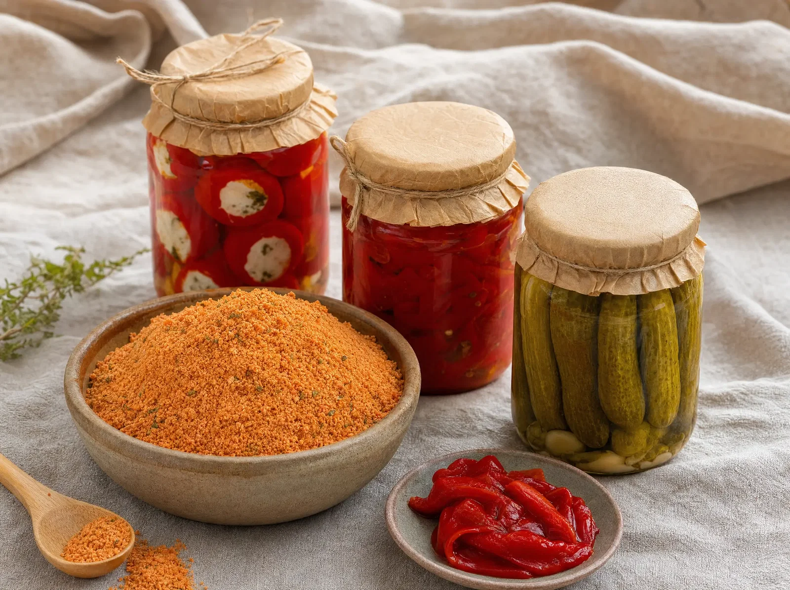 Tarhana soup powder, cheese stuffed peppers, roasted peppers and cornichon pickles