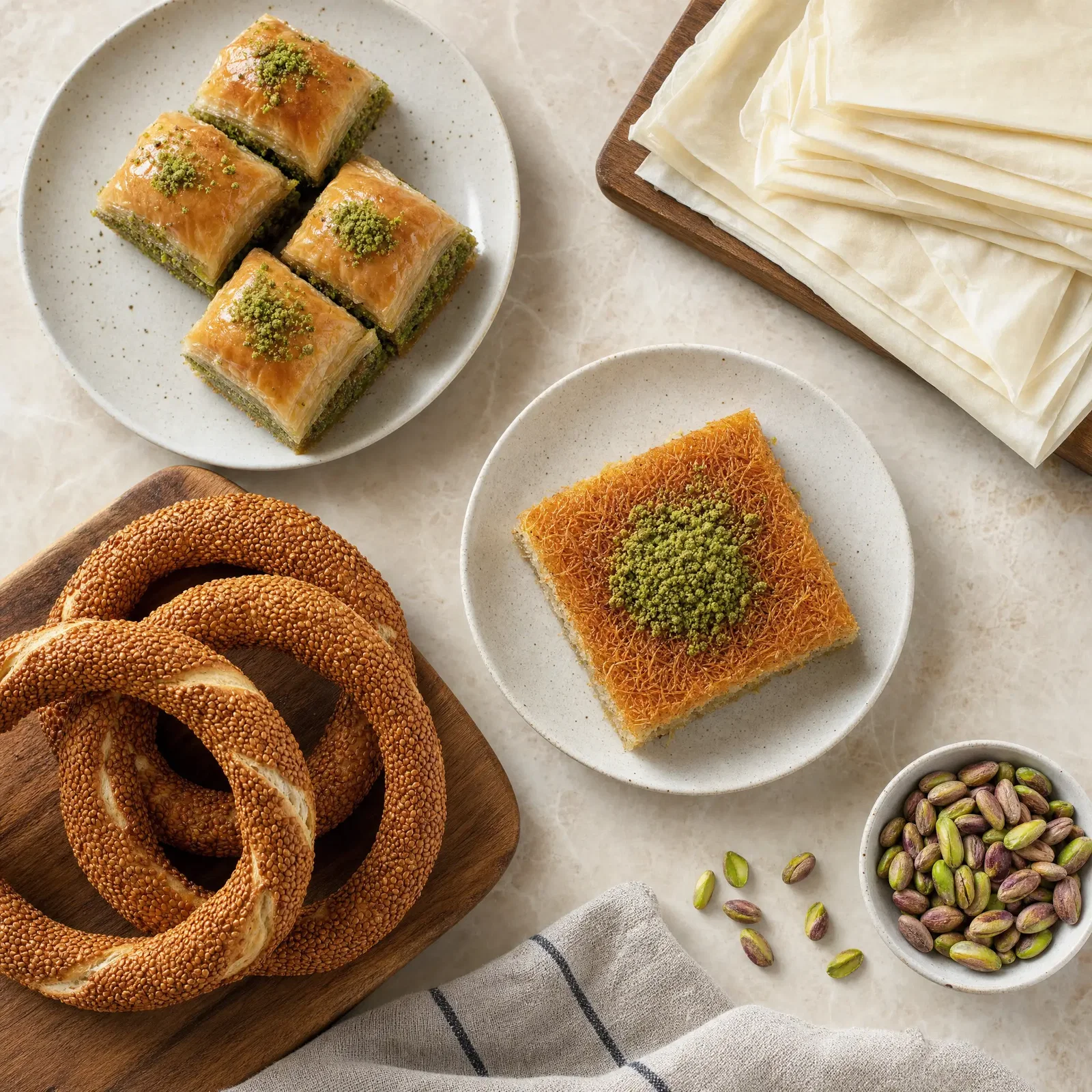 Turkish bakery products: pistachio baklava, kadayif and sesame simit rings