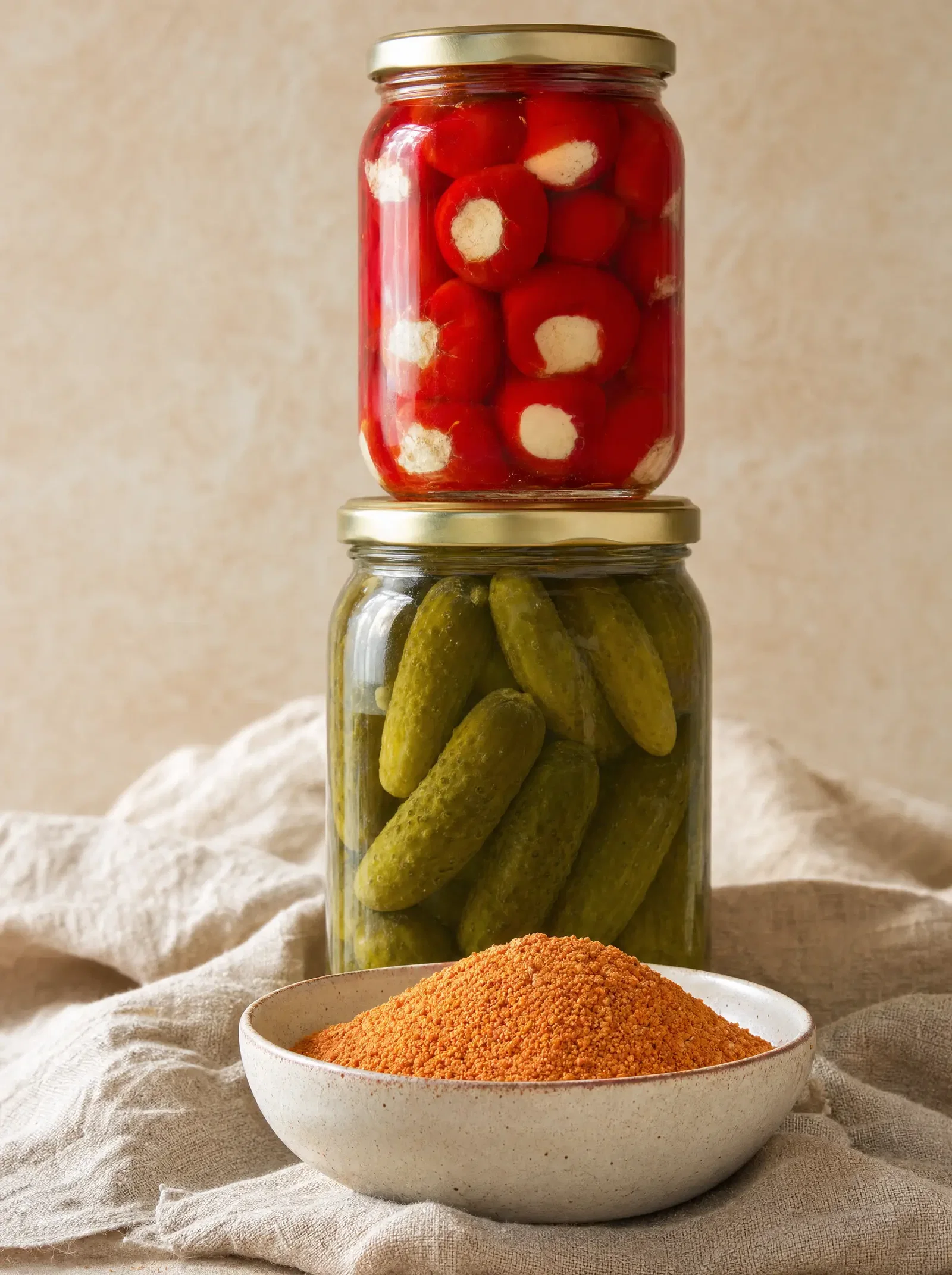 Jars of cheese stuffed red peppers and cornichon pickles above a bowl of dried tarhana soup powder