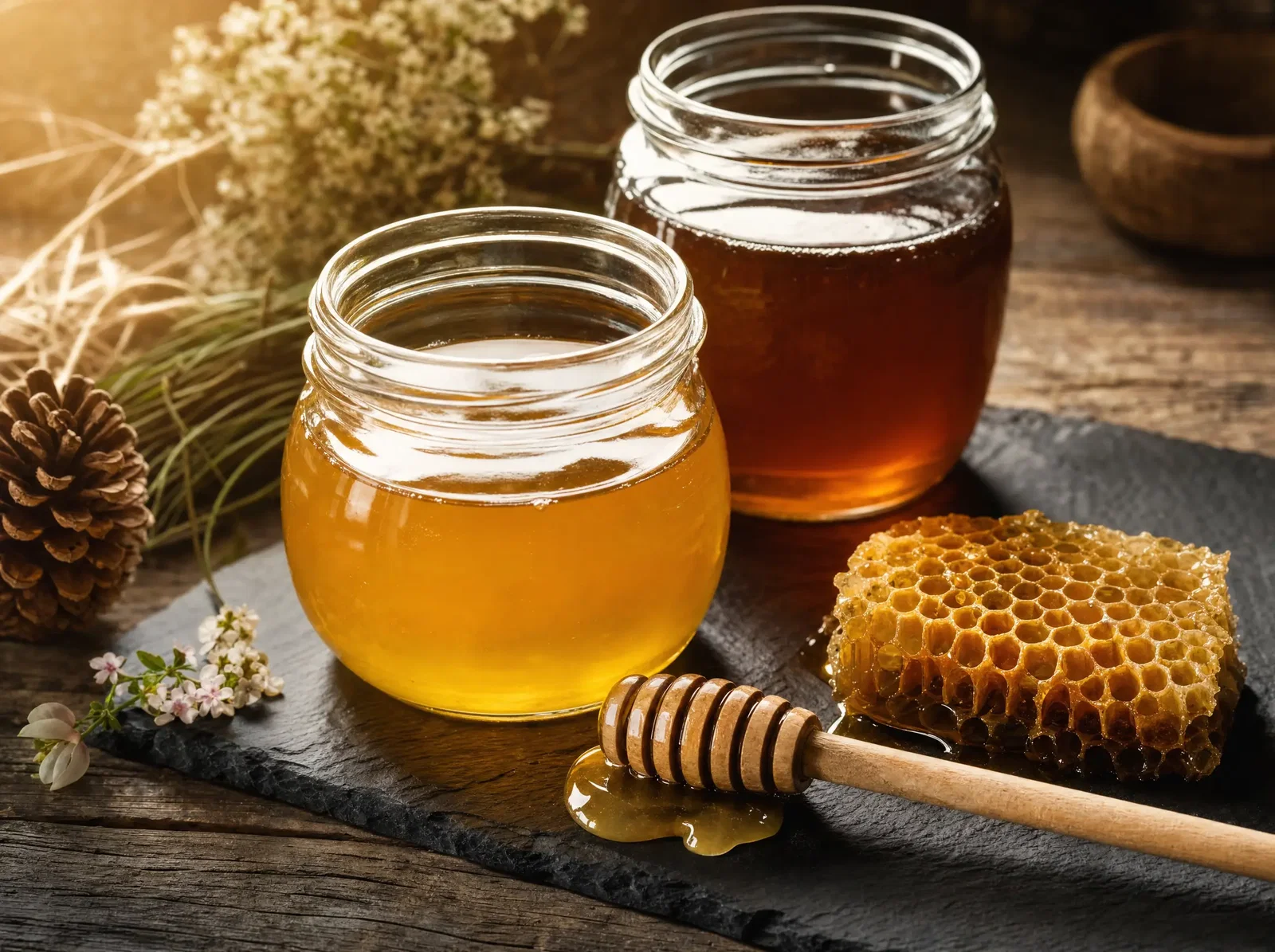 Glass jars of flower and pine honey with a wooden dipper and honeycomb