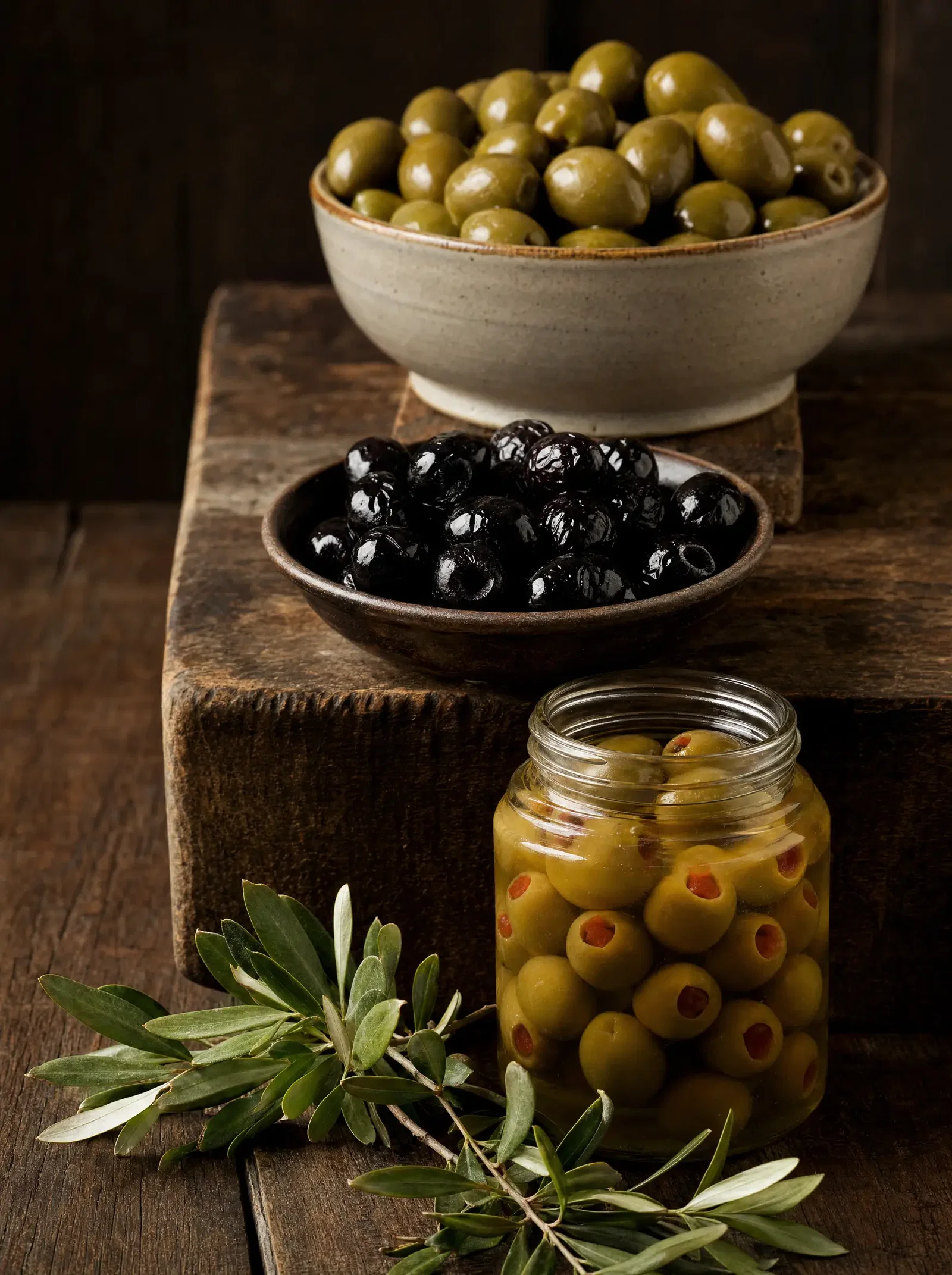 Ceramic bowls of green and black table olives with a jar of stuffed olives and an olive branch on dark wood