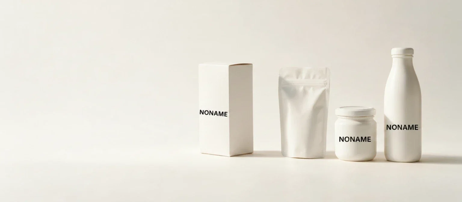 Blank matte white private label packaging formats side by side on a warm white studio backdrop: folding carton box, stand-up pouch, glass jar and bottle
