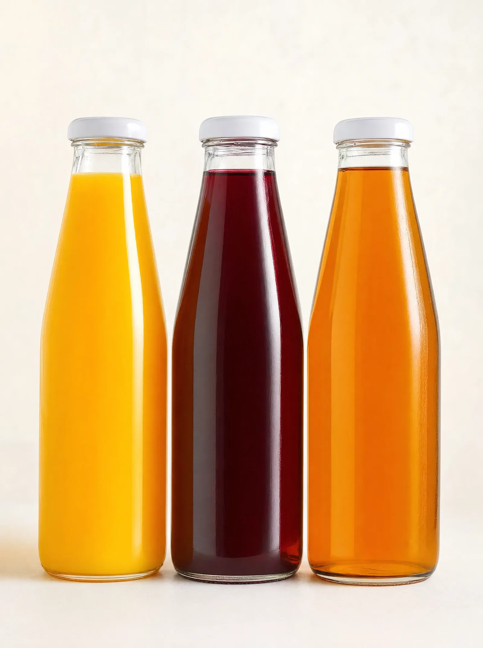 Row of plain glass bottles of orange juice, cherry juice and iced tea on a warm white surface