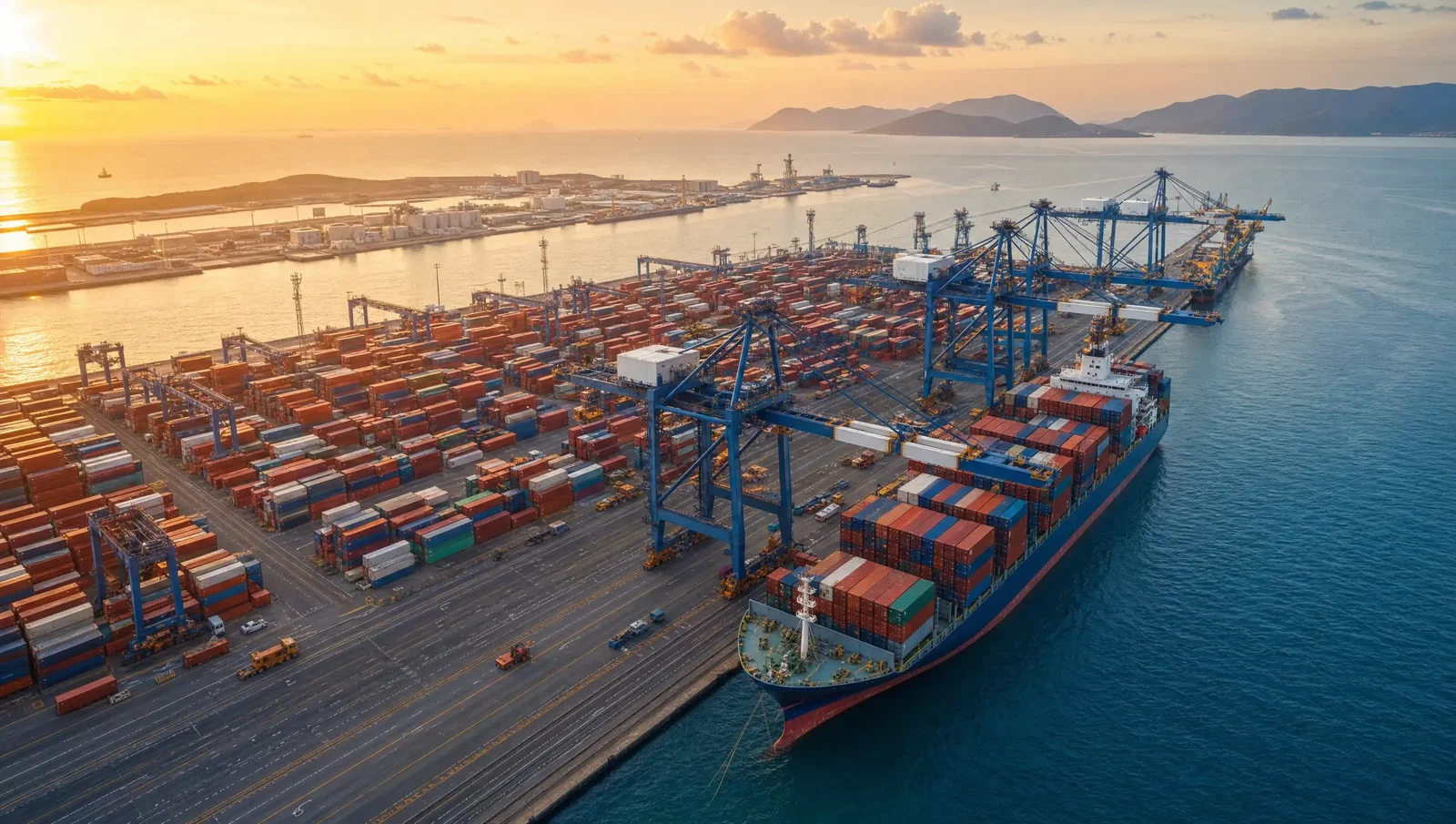 Aerial view of a Mediterranean container port at golden hour with stacked shipping containers and gantry cranes