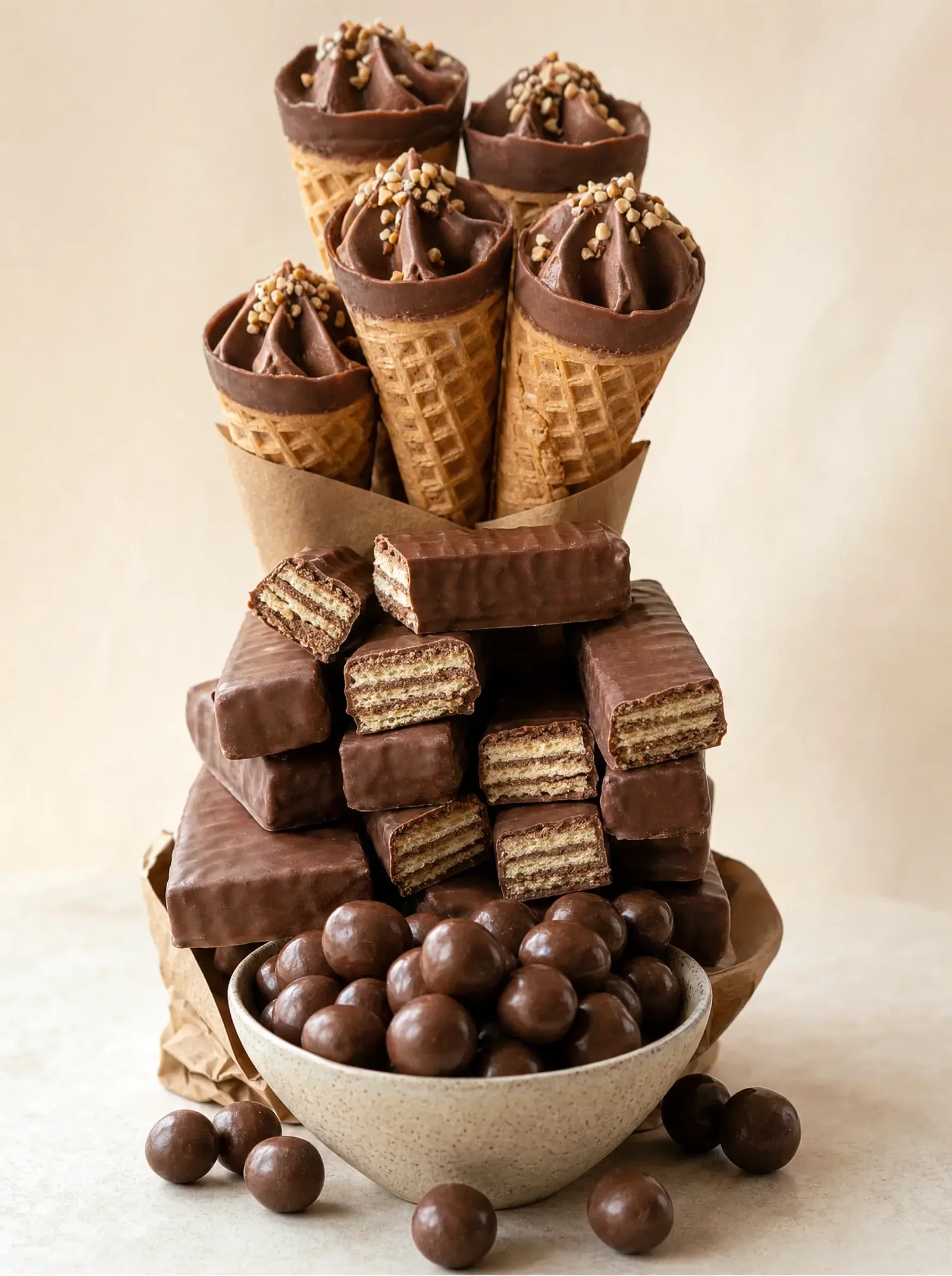 Stacked wafer cornets, chocolate coated wafer bars and a bowl of chocolate dragees