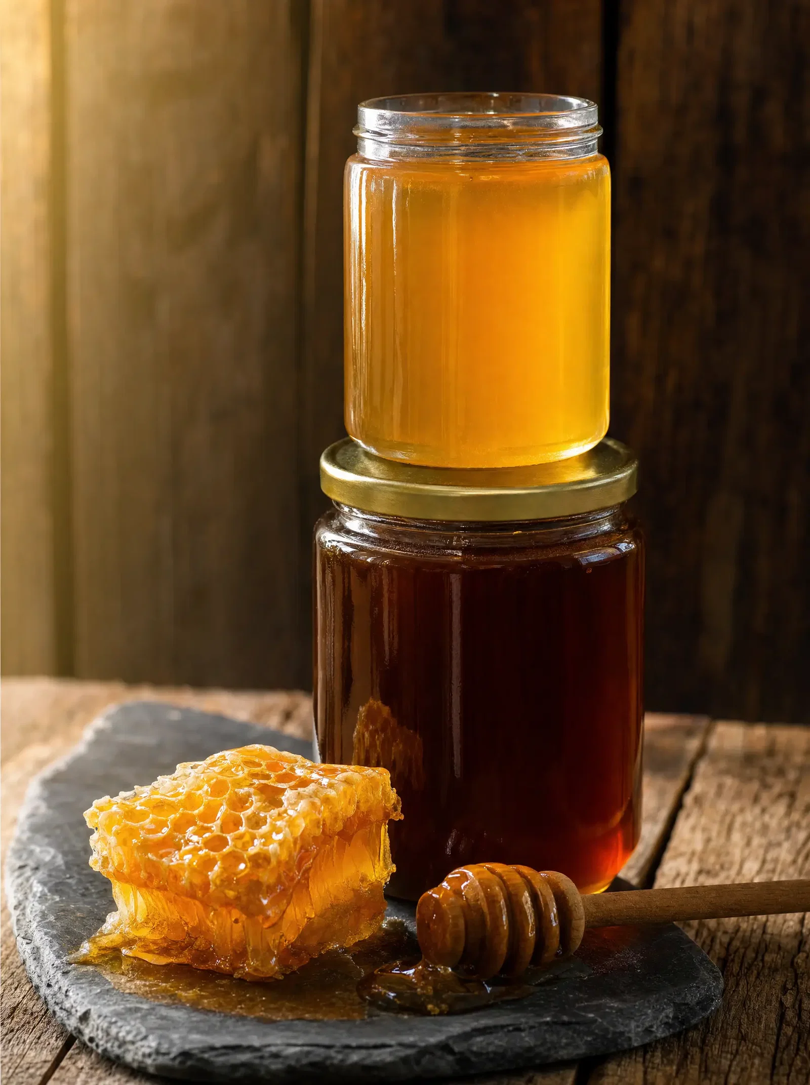 Glass jars of light flower honey and dark pine honey with honeycomb and a wooden dipper on slate