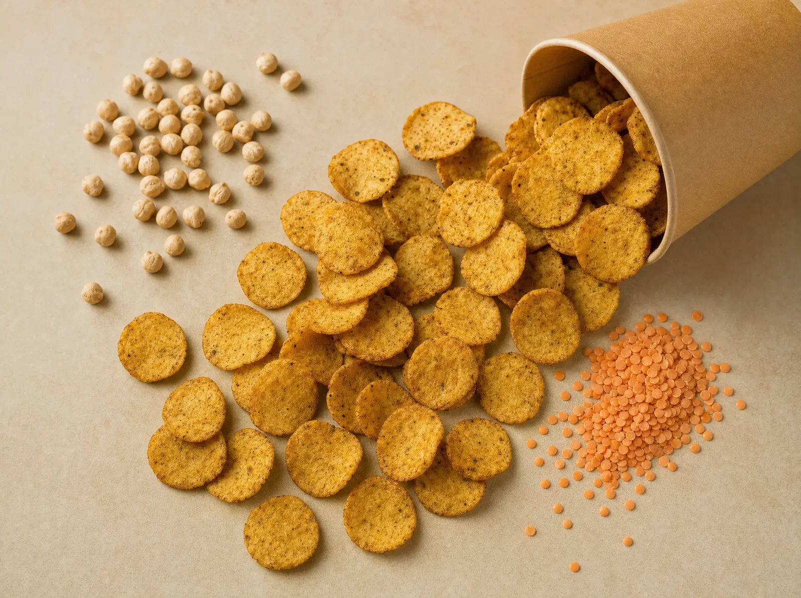 Chickpea and lentil chips spilling from a kraft paper bowl with raw pulses