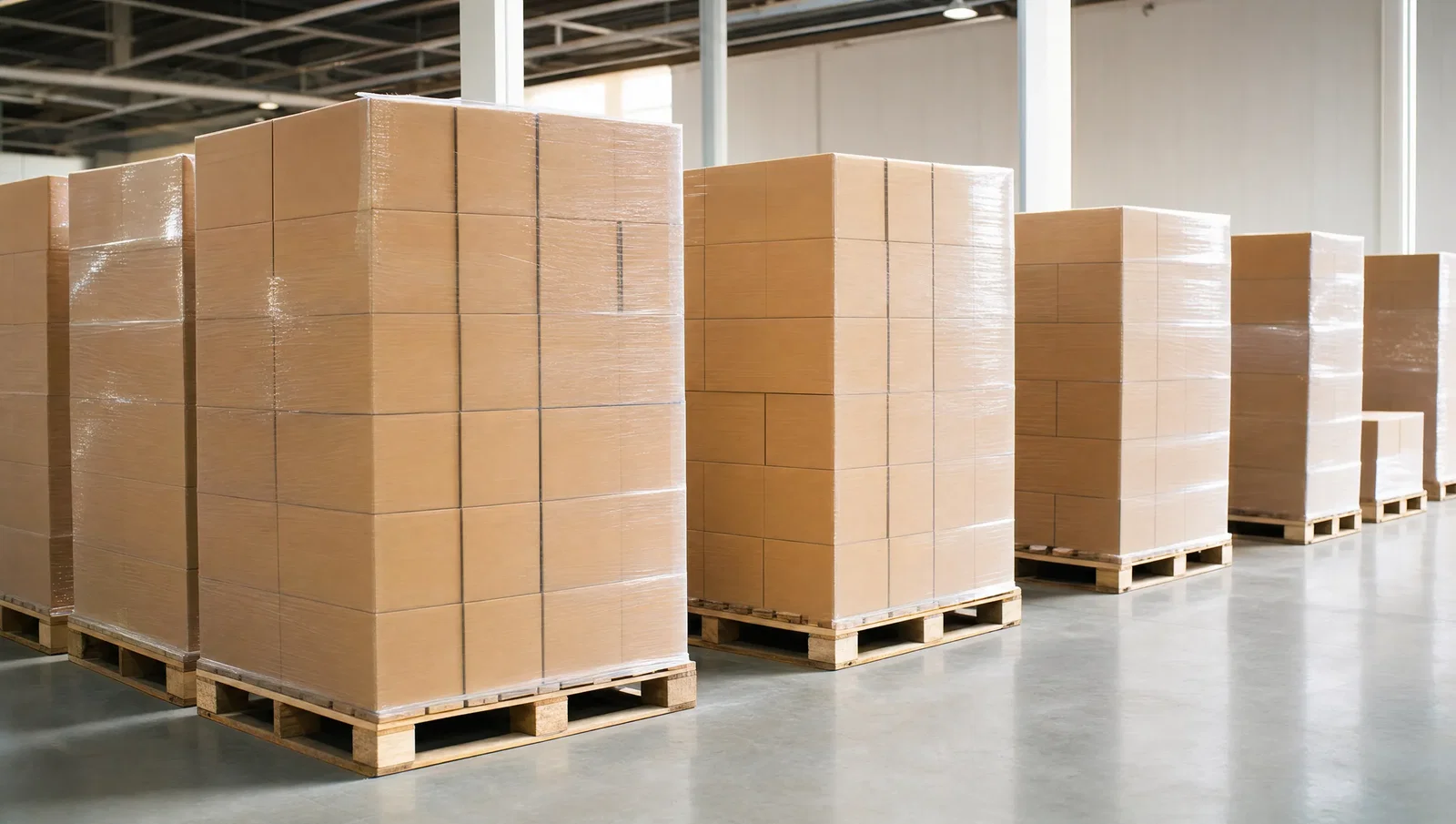 Shrink wrapped export pallets of cardboard cartons staged in a warehouse