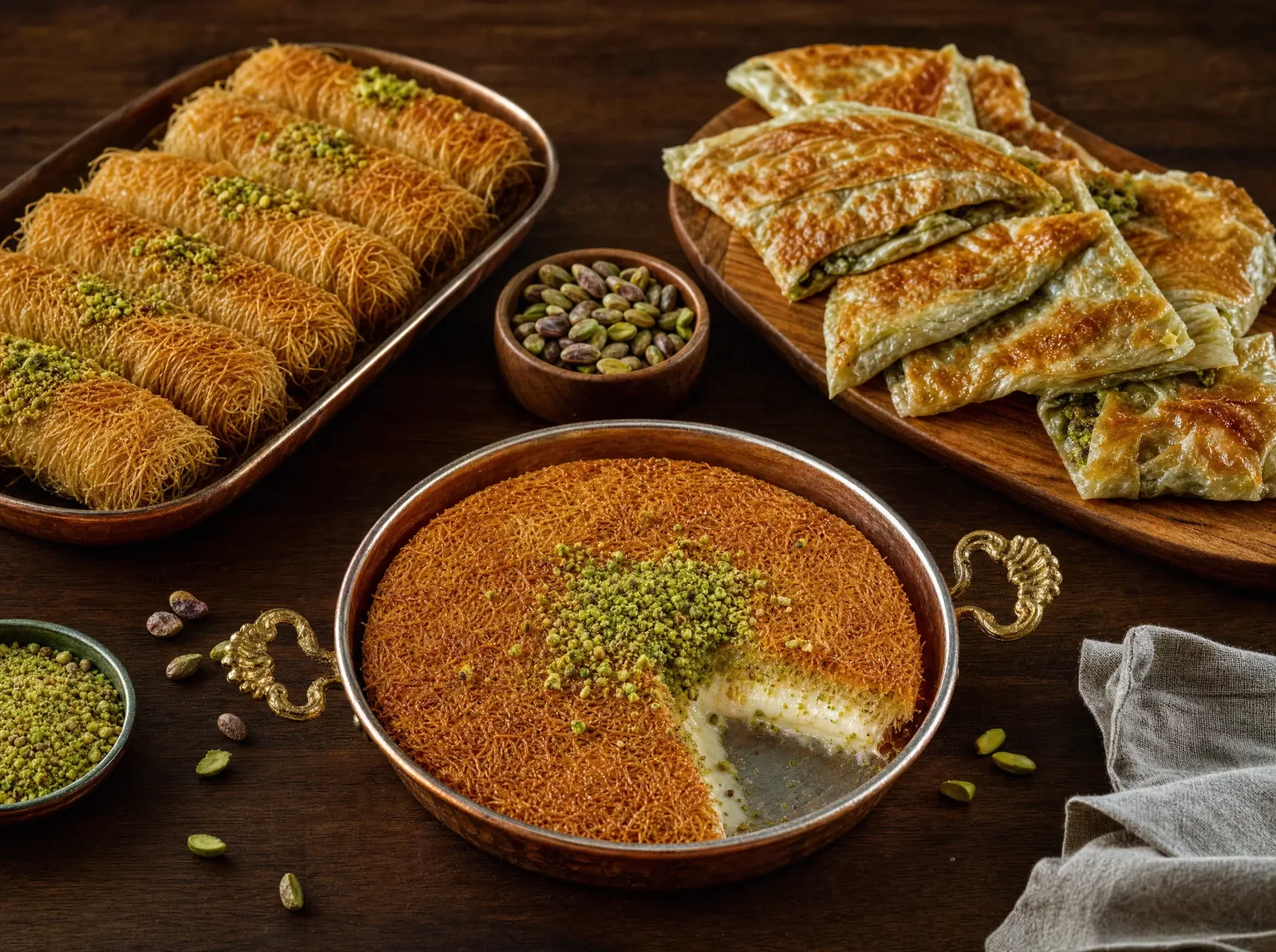 Turkish desserts: kunefe in a copper pan, burma kadayif and katmer pastry