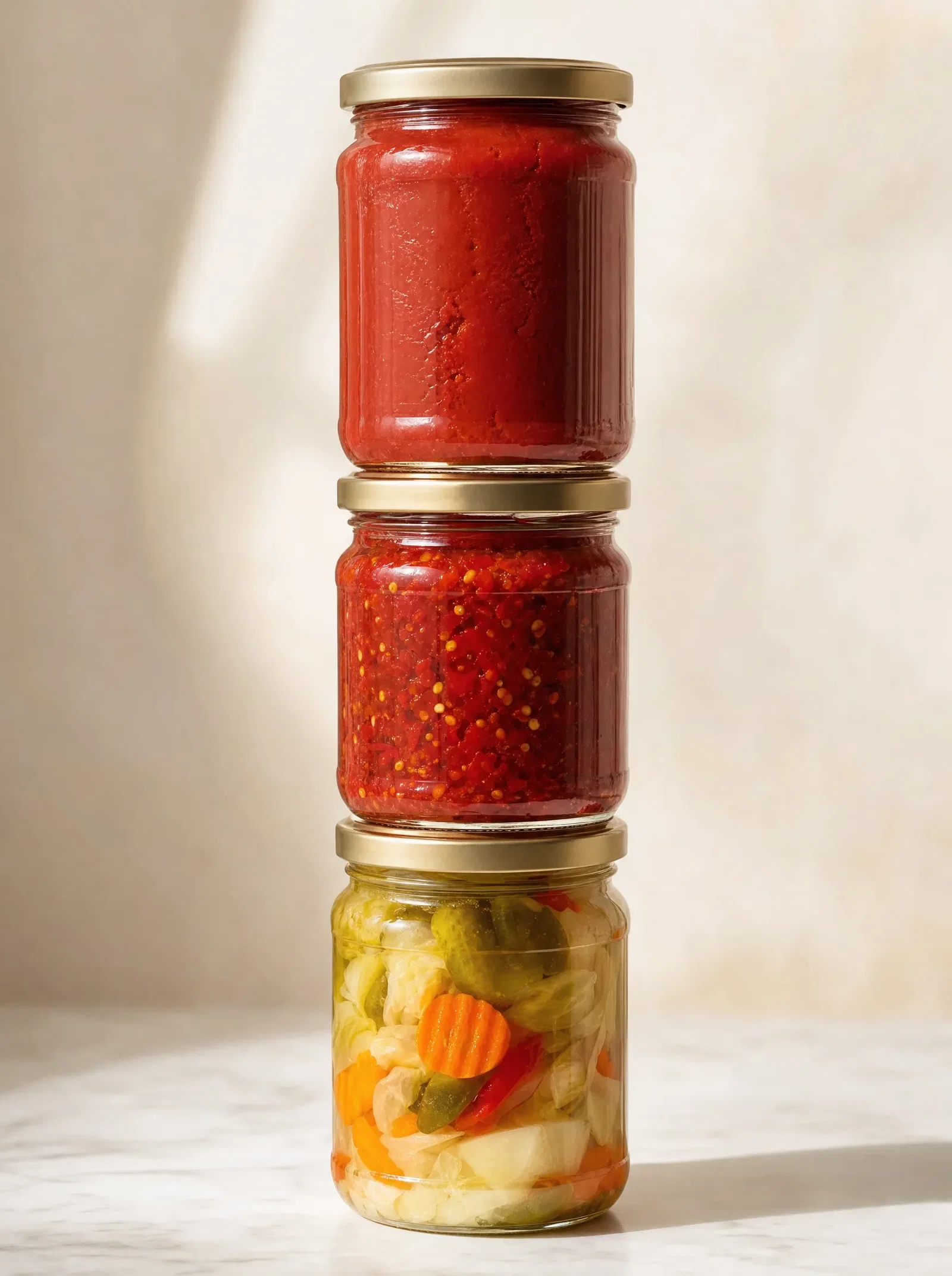 Stacked plain glass jars of tomato paste, red pepper paste and pickled vegetables