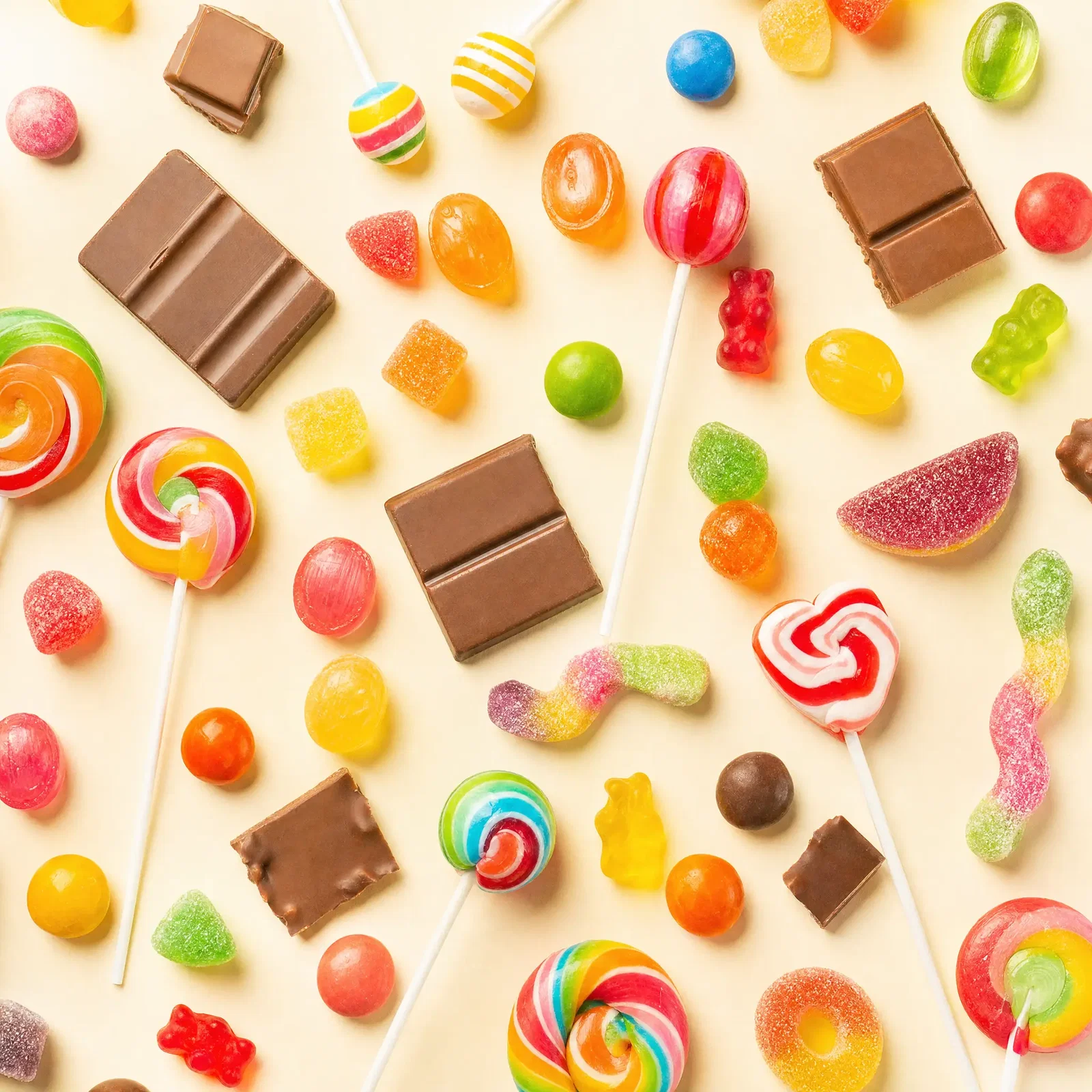 Colourful hard candies, lollipops, gummy sweets and chocolate pieces