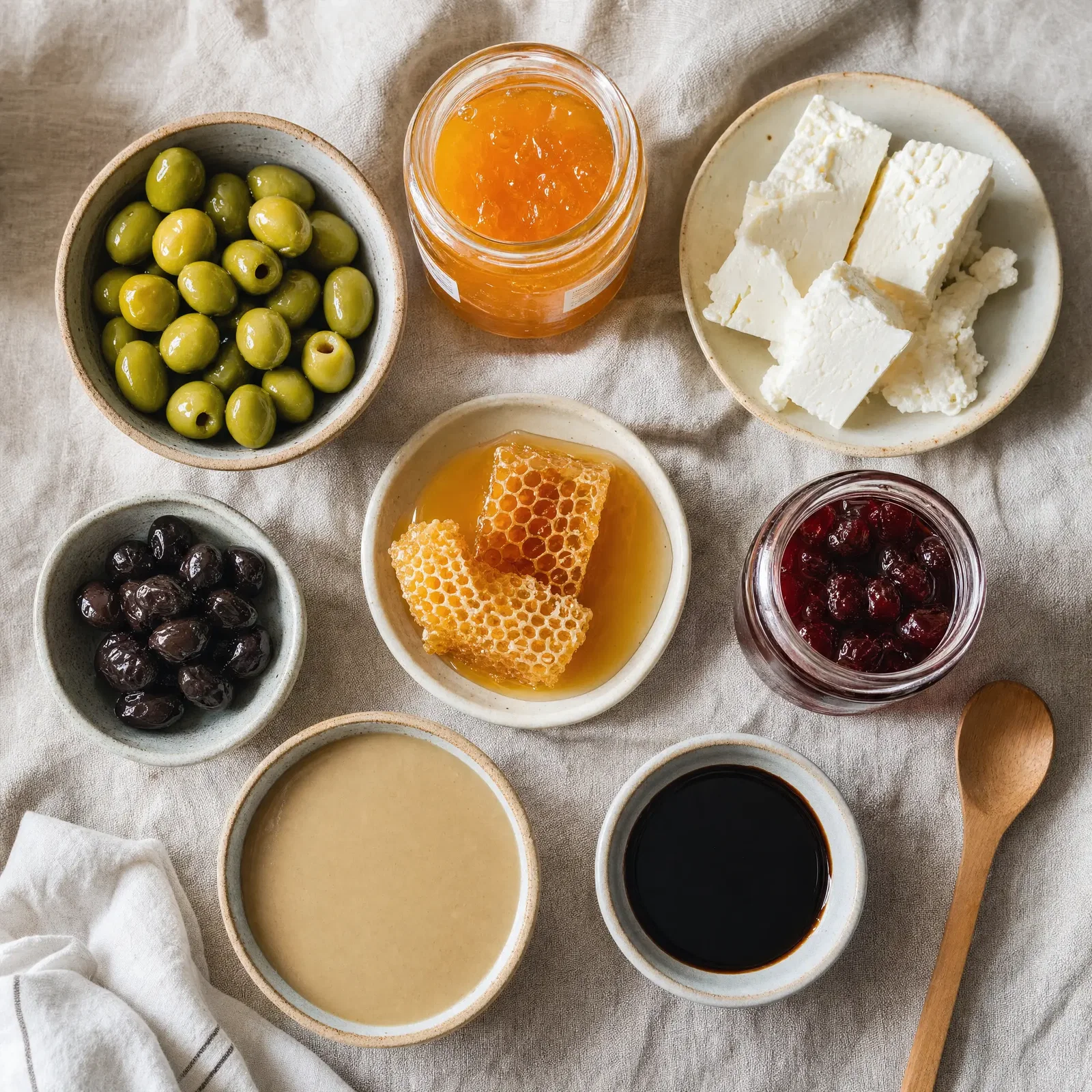 Turkish breakfast selection with olives, jam, honeycomb, tahini and white cheese