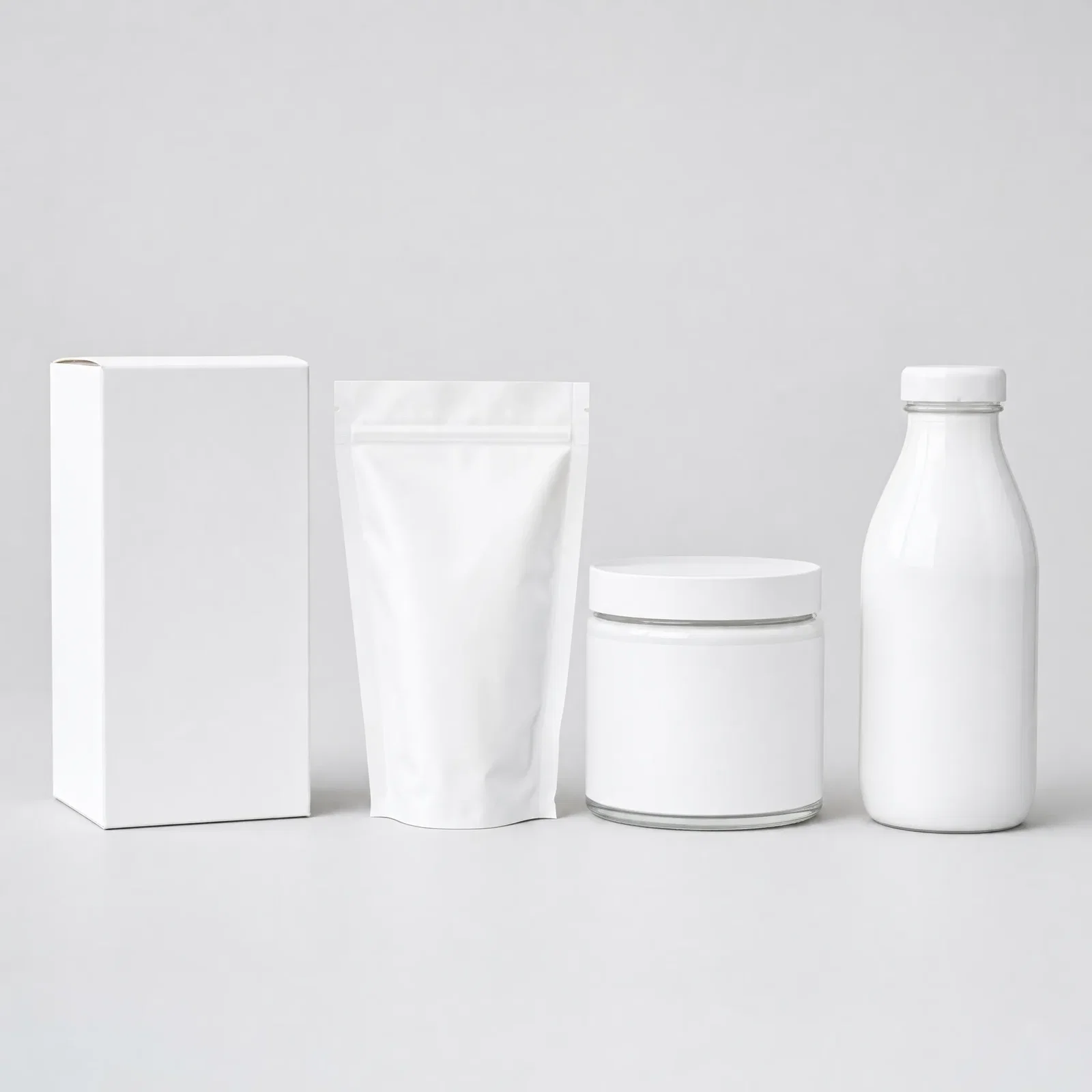 Blank white private label packaging mockups: carton, pouch, jar and bottle