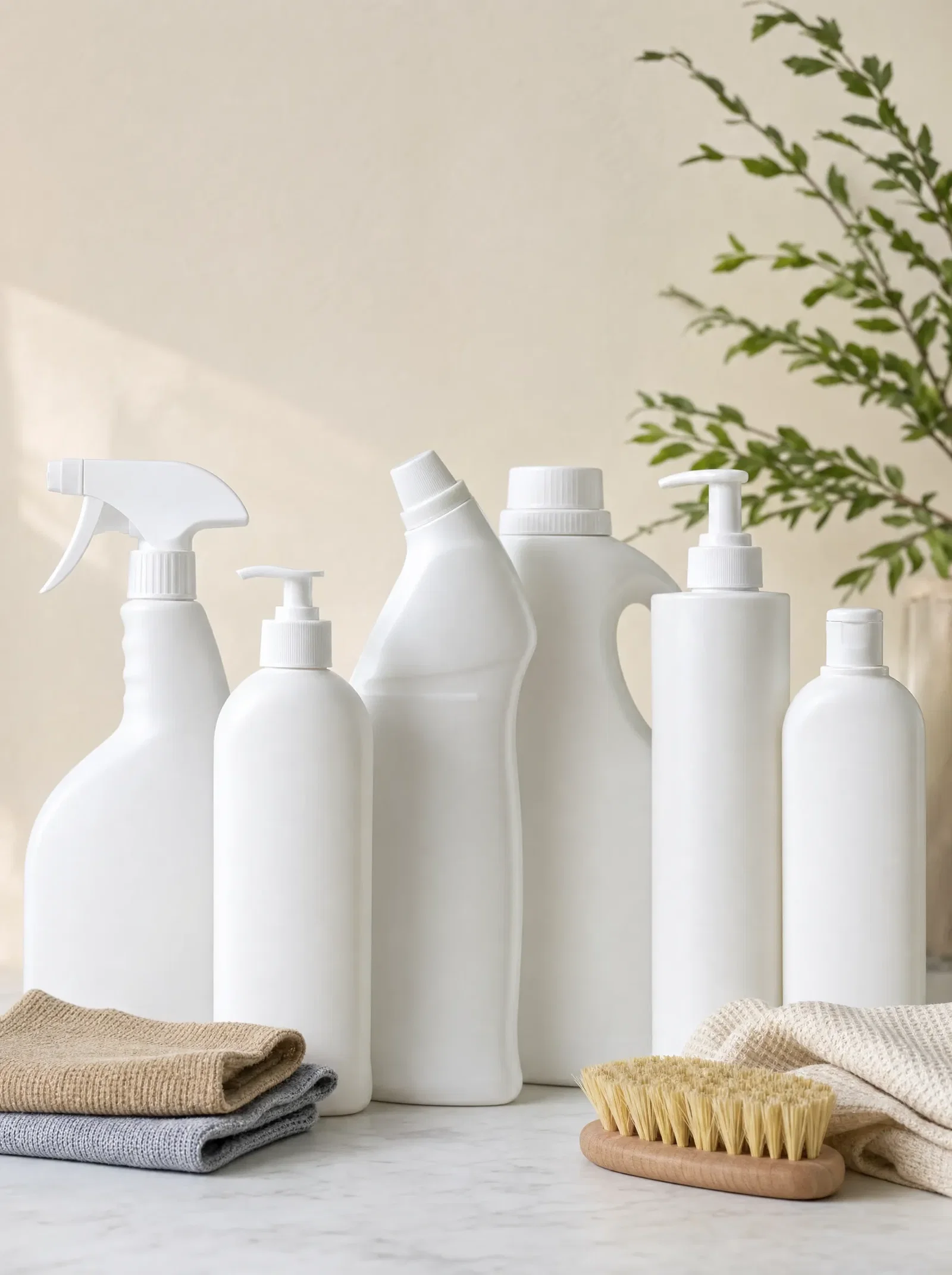 Row of plain unbranded household cleaning and personal care bottles with folded cloths and a brush