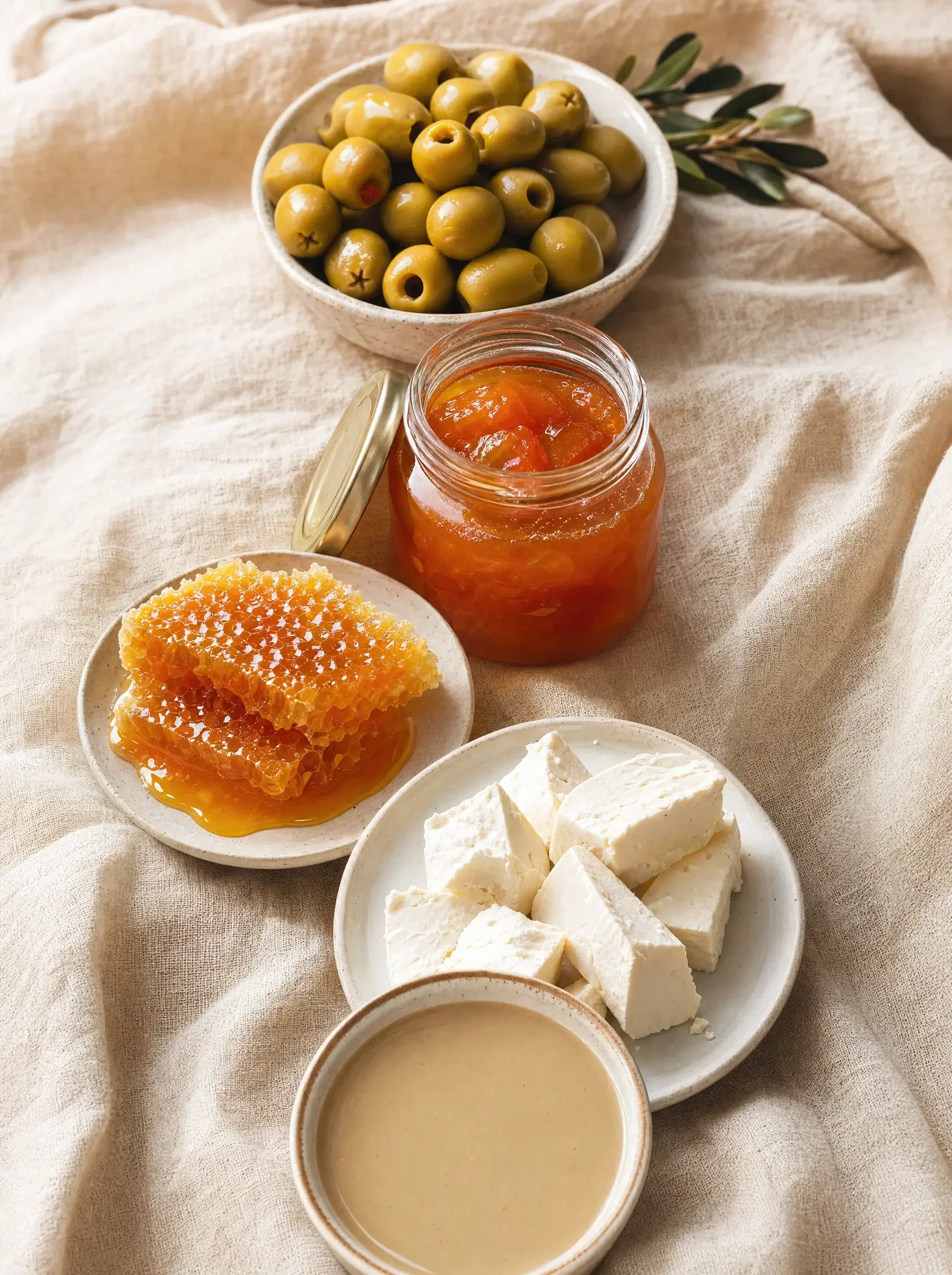 Turkish breakfast spread with green olives, apricot jam, honeycomb, white cheese and a bowl of tahini on linen