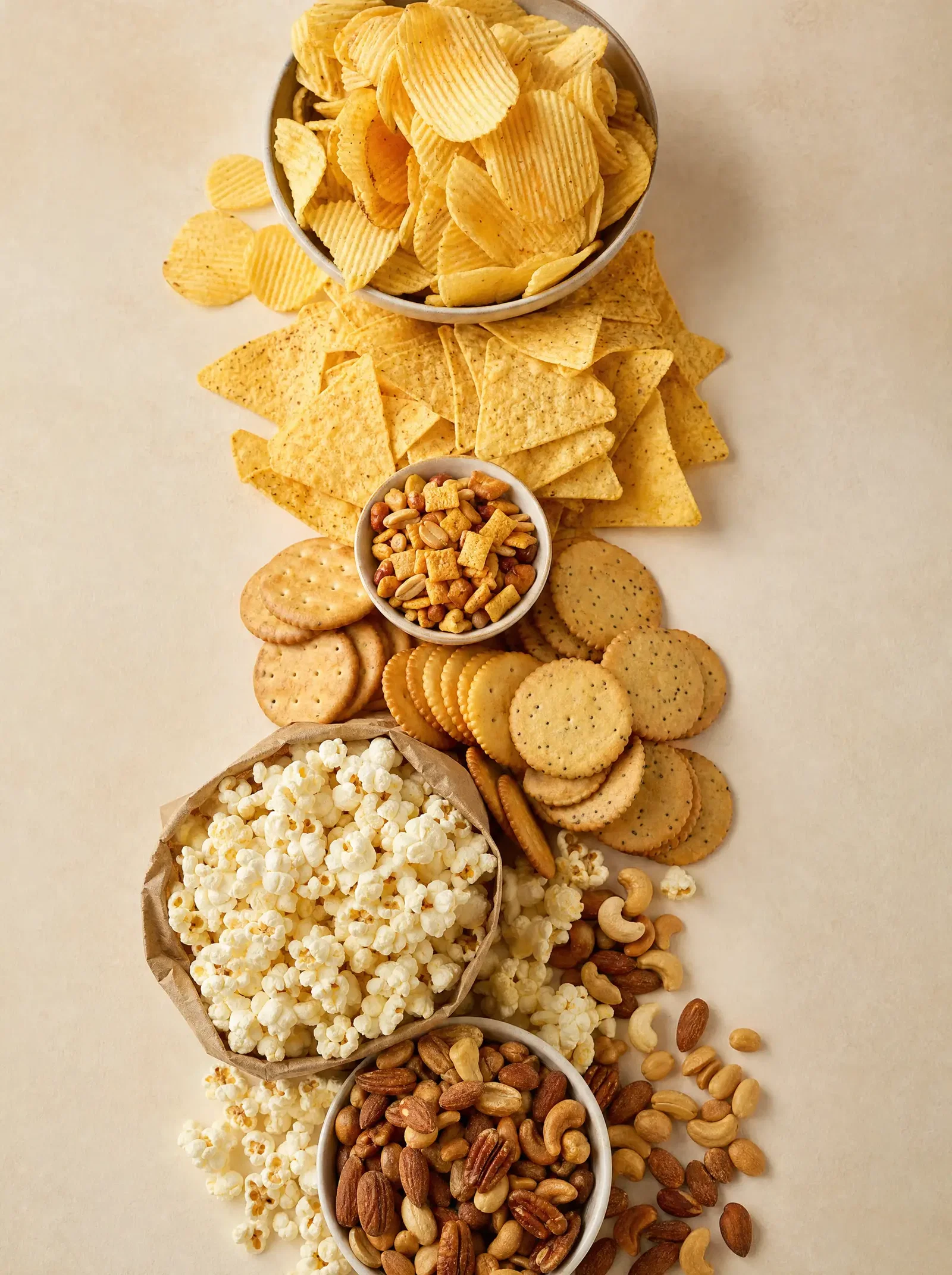 Bowls of ridged potato chips, tortilla chips, crackers, popcorn and mixed nuts arranged in a tall composition