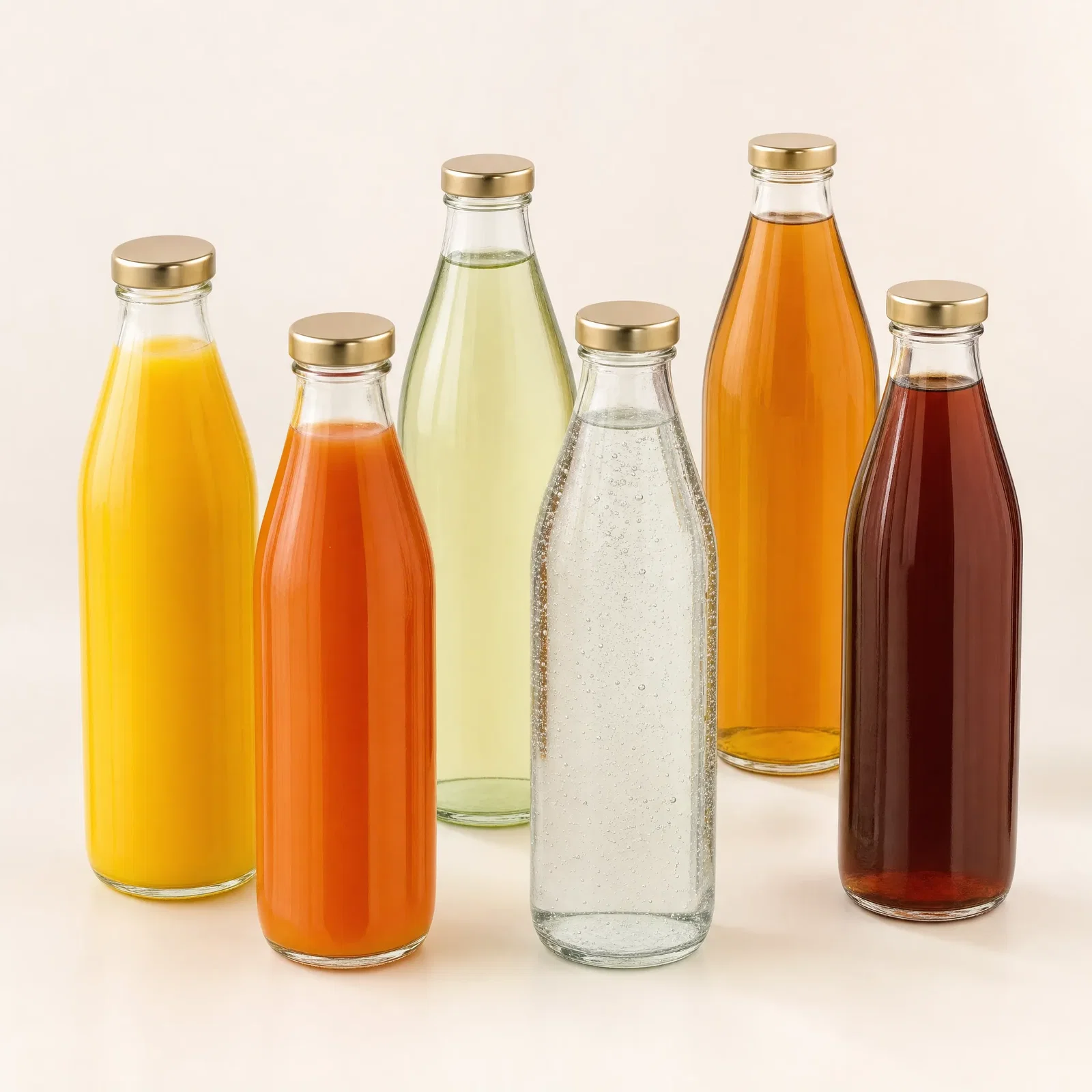 Glass bottles of fruit juice, sparkling water and iced tea