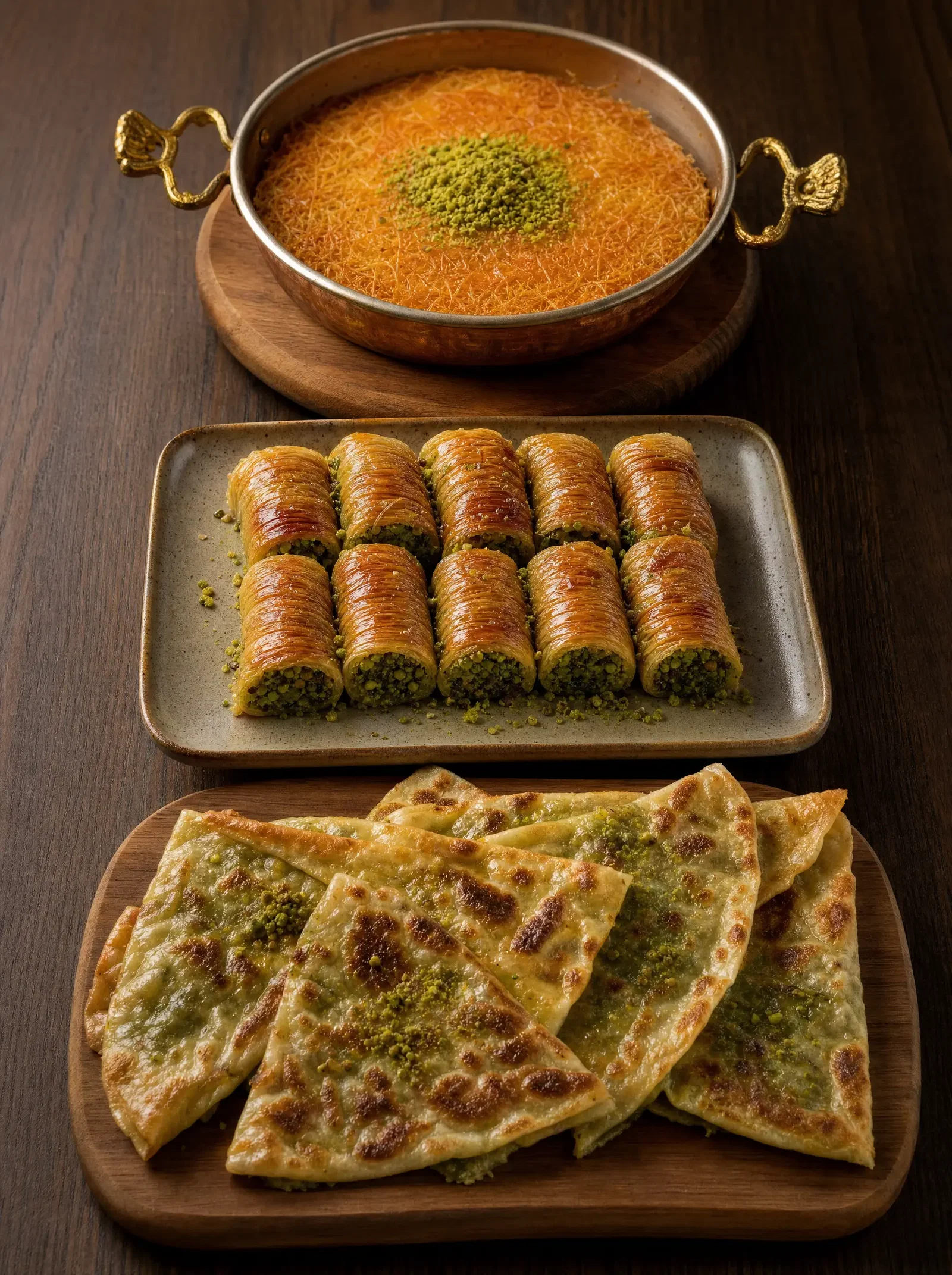 Copper pan of golden kunefe with pistachio above rolled burma kadayif and folded katmer pastry