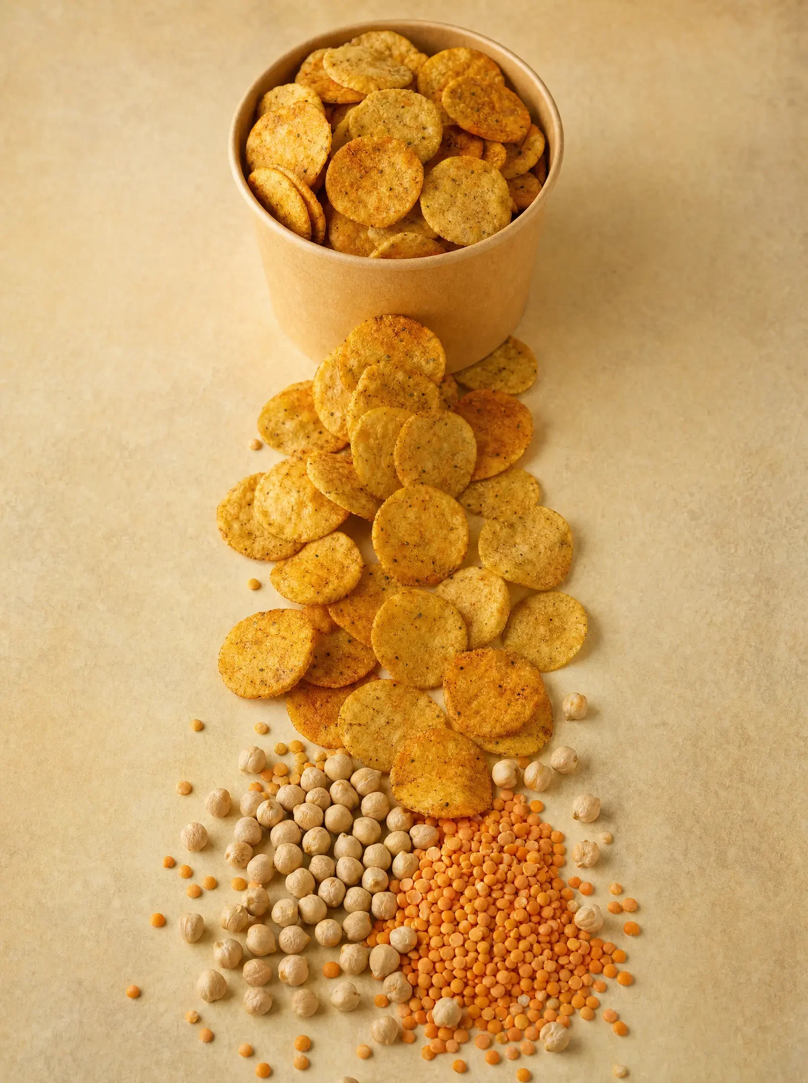 Chickpea and lentil chips spilling from a kraft paper bowl with raw chickpeas and red lentils below