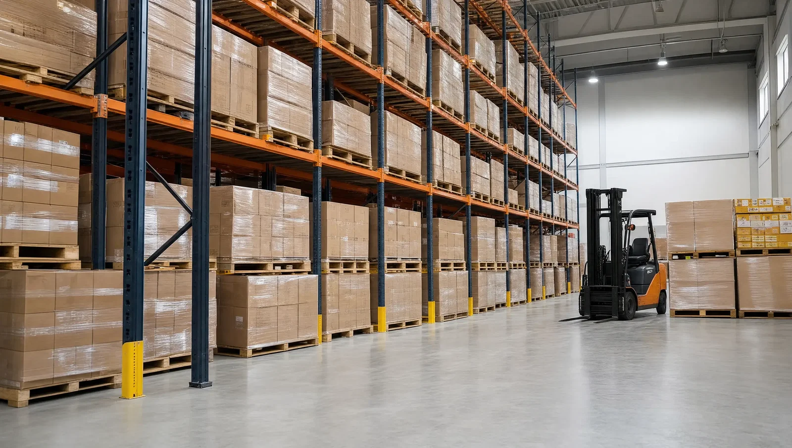 Bazaar International Trade distribution warehouse with palletised cartons on racking