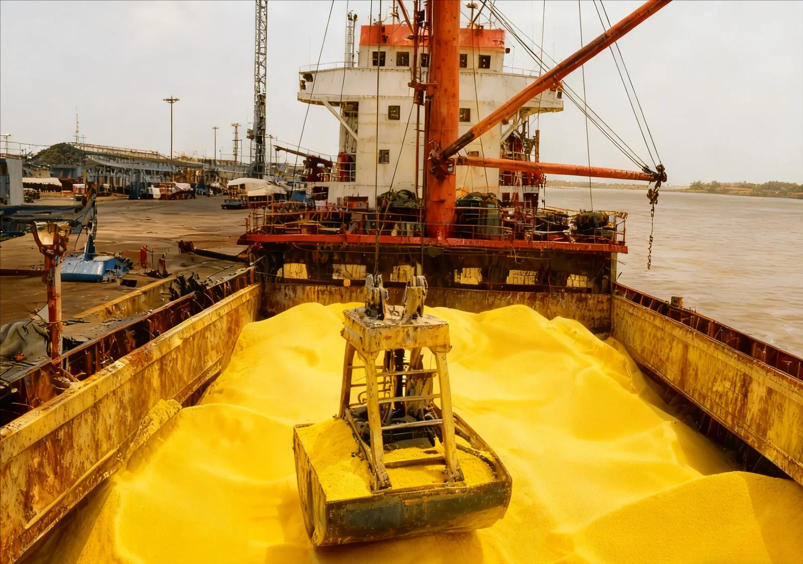 A trimmed hold of granulated sulfur — the unit in which world supply actually moves