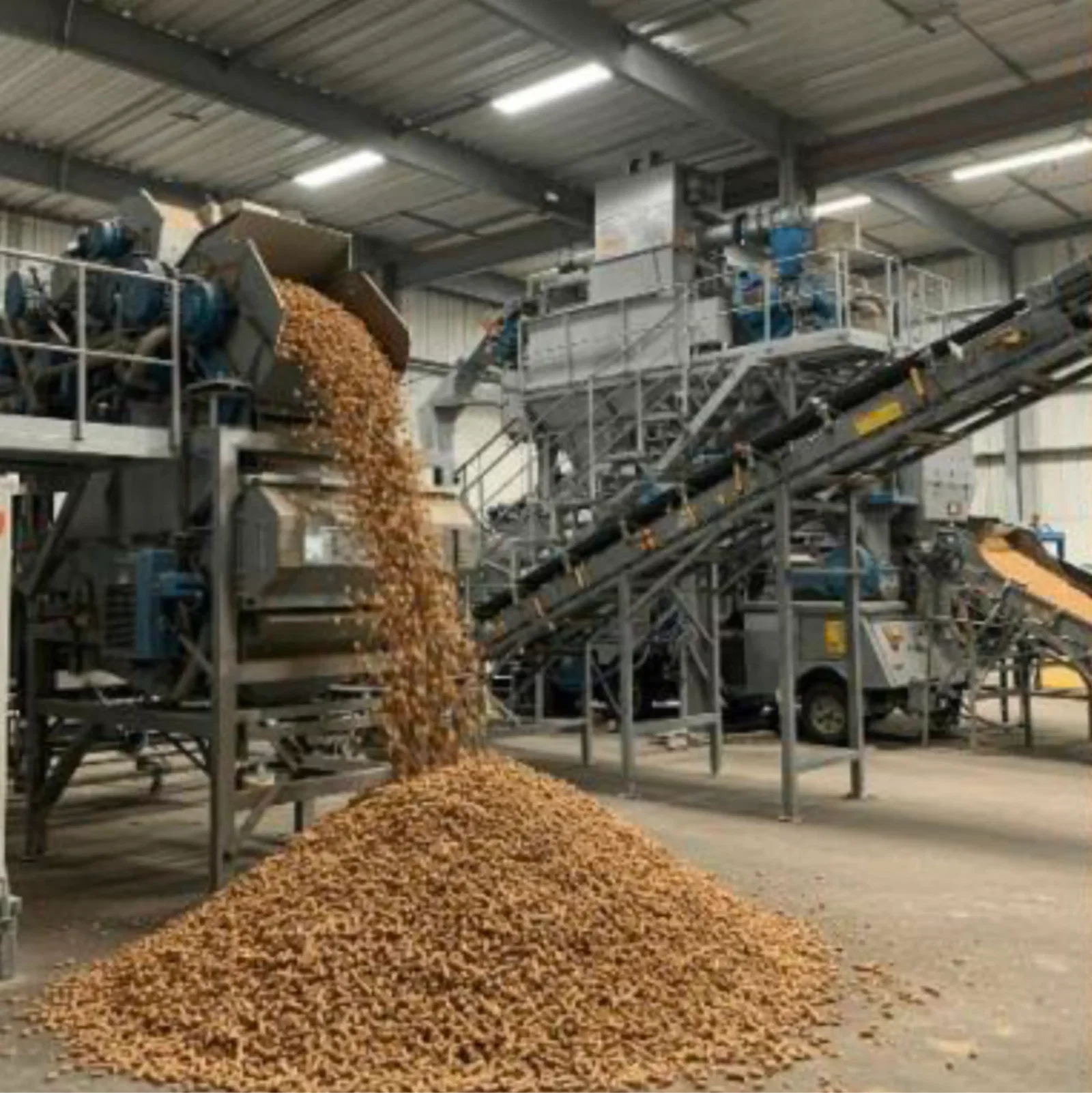 Cooled pellets accumulating below the discharge chute — uniform colour and length indicate stable die pressure and correct feedstock moisture