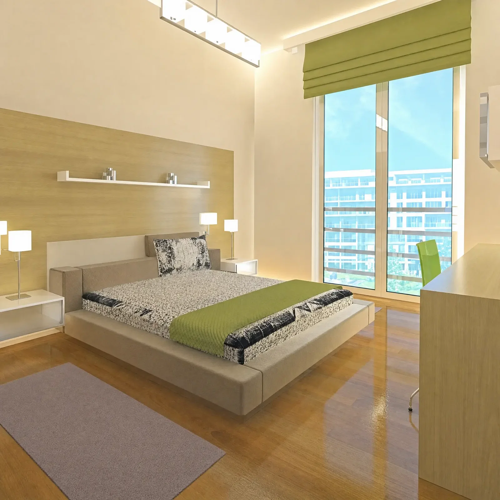 Bedroom with floor-to-ceiling windows in a 3+1 apartment at Yeni Nesil Evleri