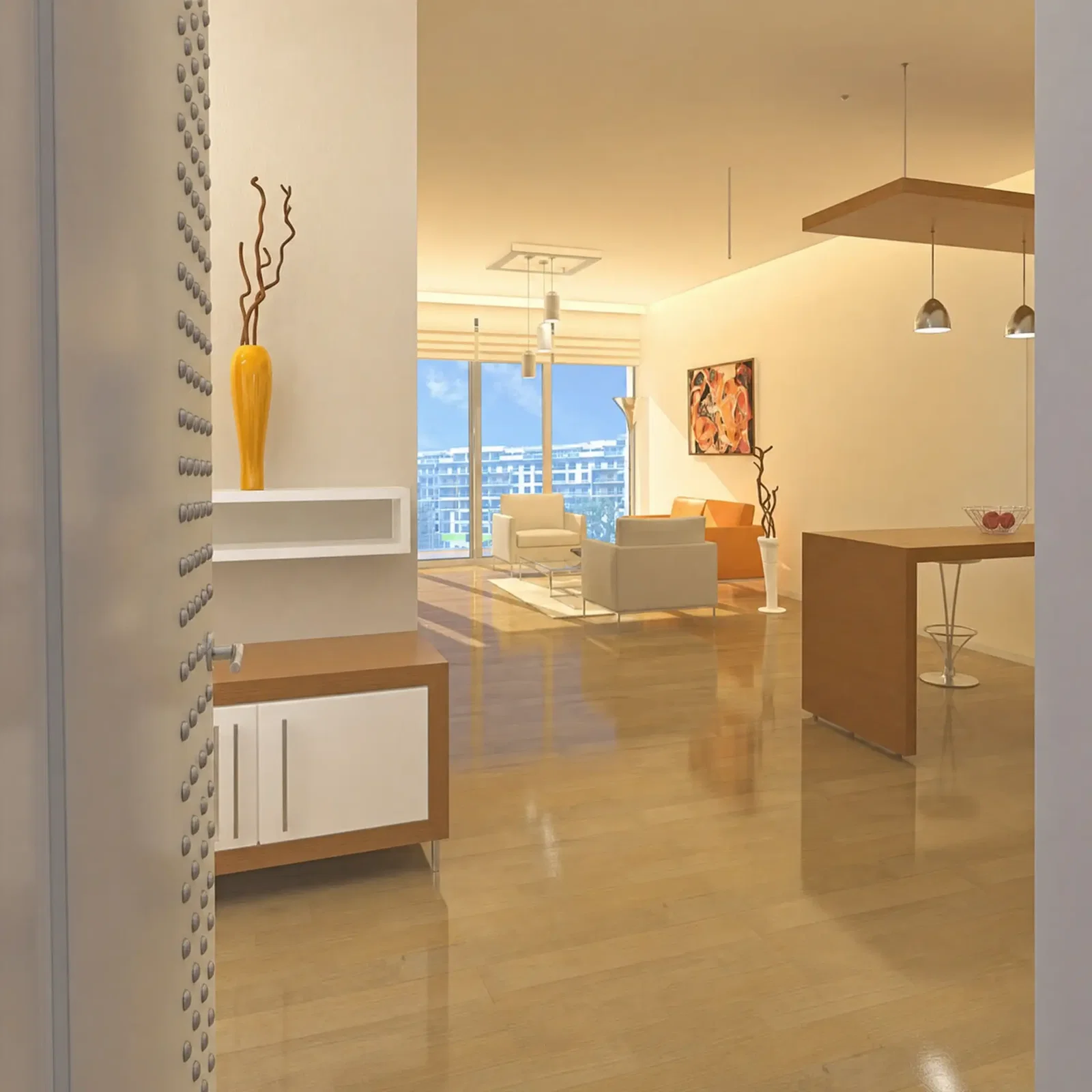 Entrance hall opening into the living and dining area of a 2+1 apartment at Yeni Nesil Evleri