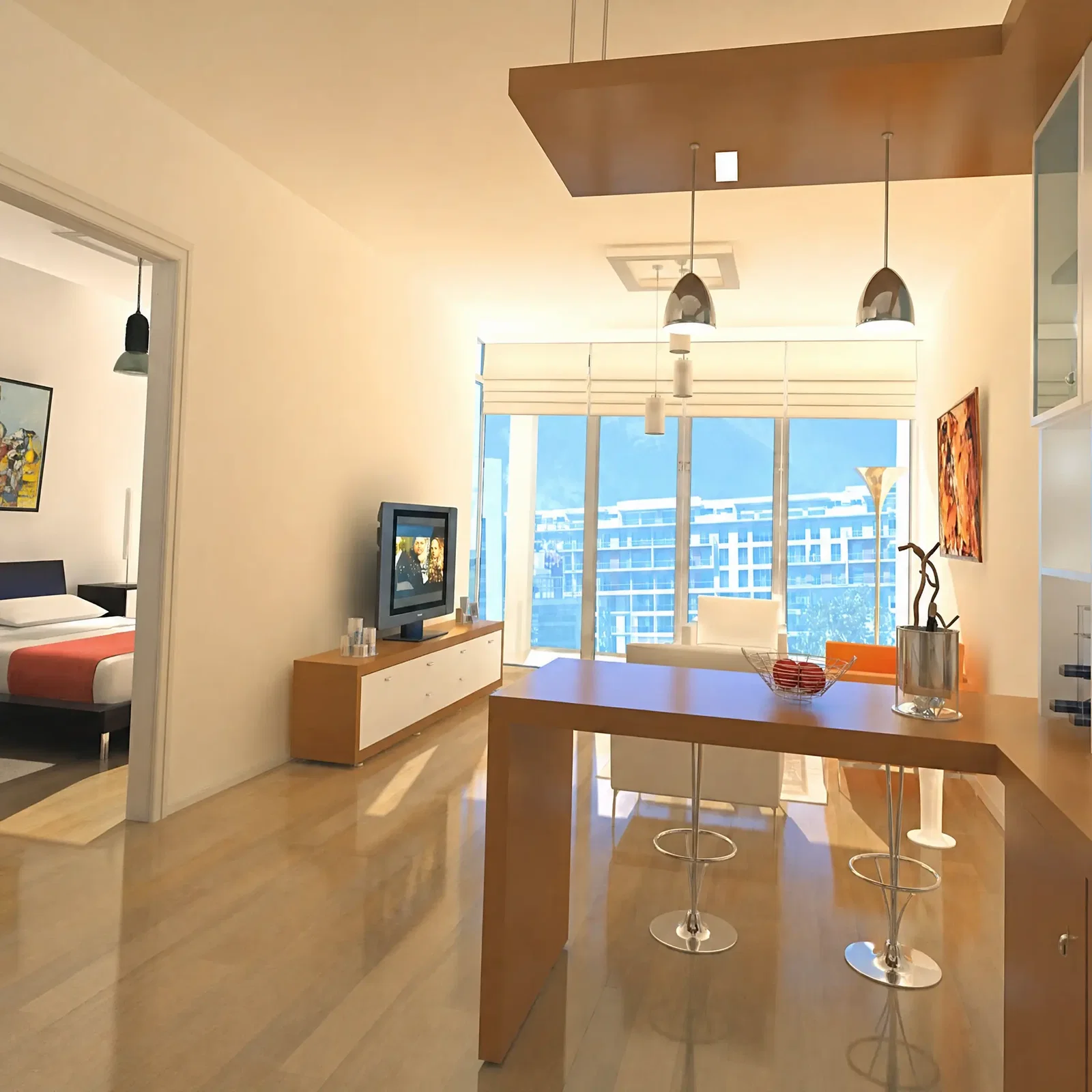 Open-plan living and dining area of a 1+1 apartment at Yeni Nesil Evleri, with the bedroom beyond