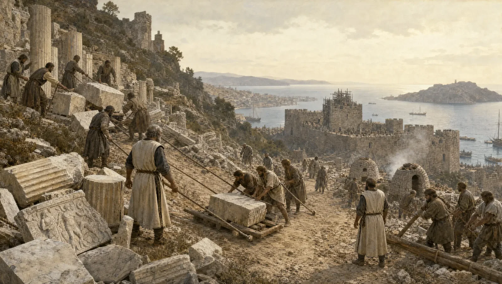 Medieval masons hauling marble blocks from the ruined Mausoleum of Halicarnassus down to the castle being built on the harbour