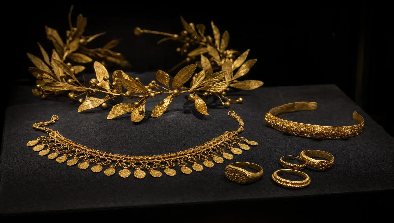 Ancient Carian gold funerary jewellery — a wreath of golden myrtle leaves, a filigree necklace, a diadem and rings — displayed in a dark museum case