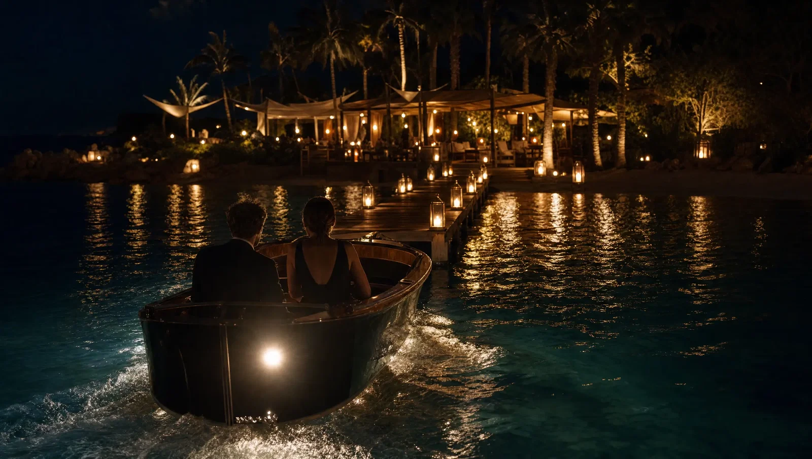 A small tender approaching a lantern-lit wooden jetty at a seaside club at night