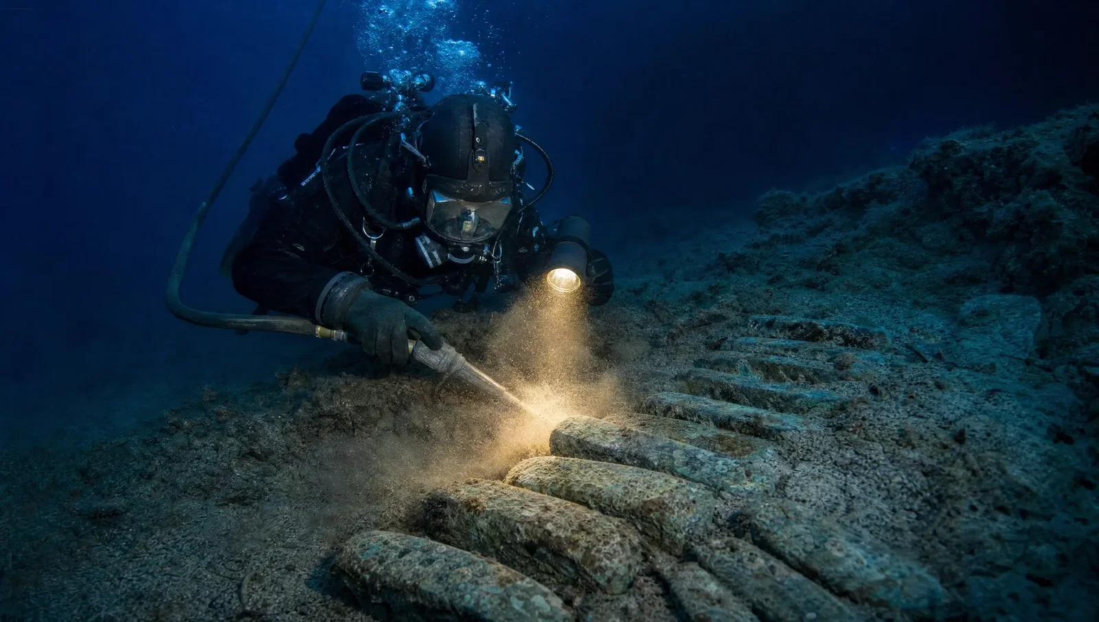An underwater archaeologist clearing sediment from a row of encrusted Bronze Age copper ingots on the seabed