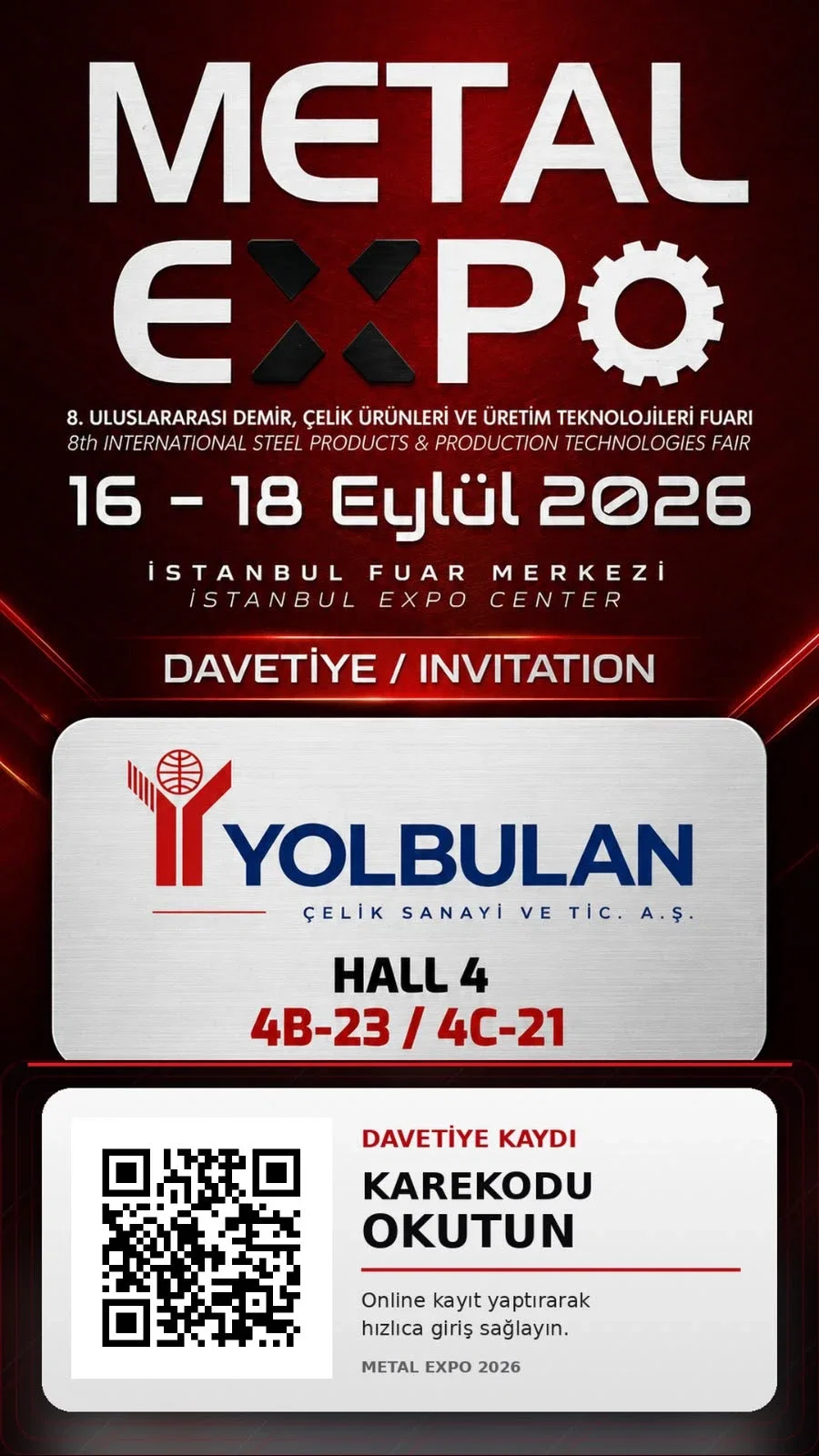 Yolbulan Çelik — Metal Expo 2026 Davetiyesi